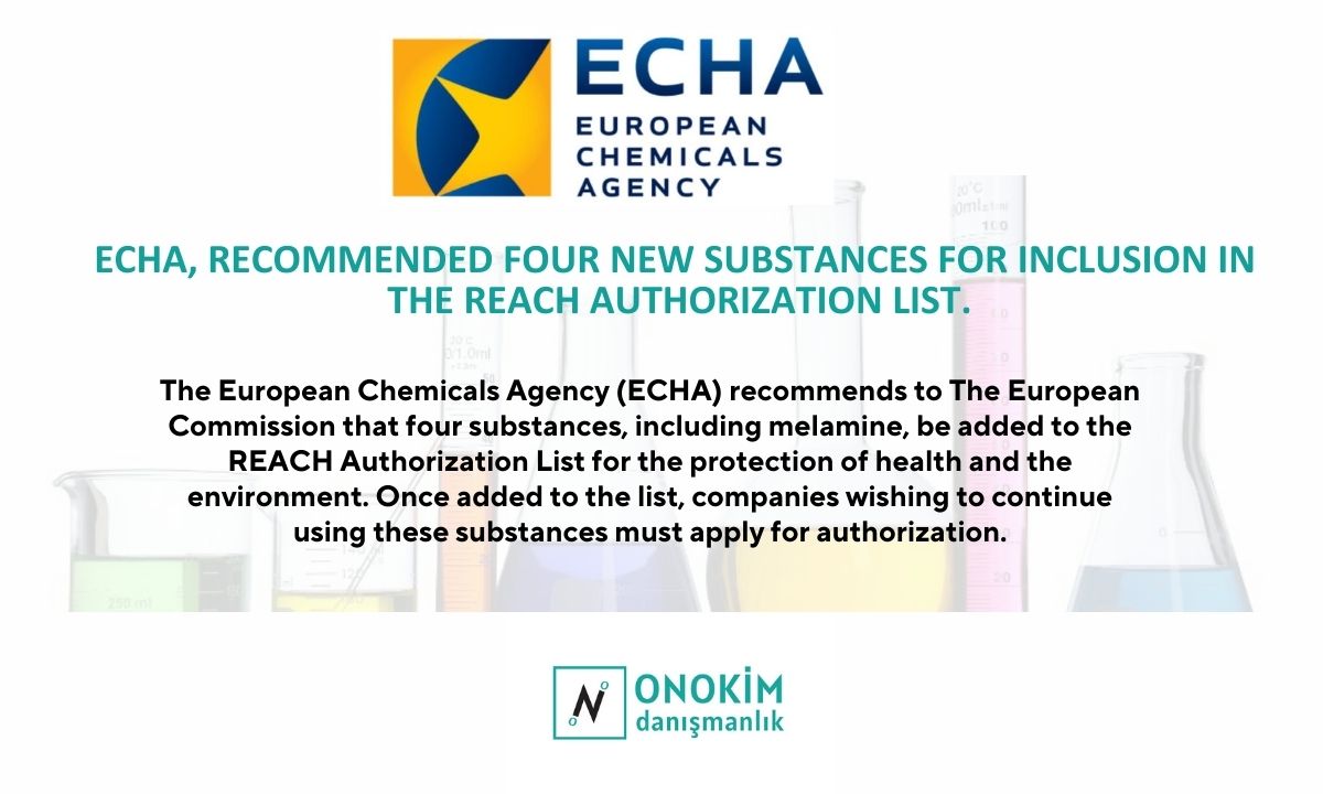 4 Substances Recommended for REACH Authorisation The European Chemicals Agency (ECHA), to protect health and the environment, recommends that the European Commission adds four substances, including melamine, to the REACH Authorisation List. Once added to the list, companies must apply for authorisation if they wish to continue using the substances.