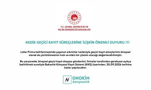KKDİK GEÇİCİ KAYIT SÜREÇLERİNE İLİŞKİN ÖNEMLİ DUYURU !!! Ülkemiz kimyasal envanterinin oluşturulması önem arz etmektedir. Lider Firma belirlenmesinde yaşanan sıkıntılar nedeniyle geçici kayıt süreçlerinin bireysel olarak da yürütülmesinin hızlı ve etkin bir çözüm olacağı değerlendirilmiştir. Bu çerçevede; bireysel geçici kayıt dosyası gönderimi, firmalar tarafından gerekçesi açıkça belirtilmek suretiyle Bakanlık Kimyasal Kayıt Sistemi (KKS) üzerinden, tonaja bağlı olmadan 30.09.2026 tarihine kadar yapılacaktır.